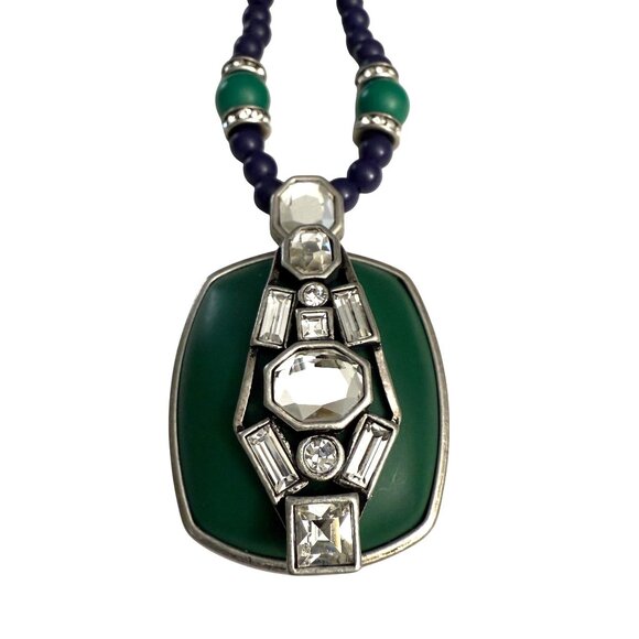 Lia Sophia Retired Art Deco Inspired Necklace Green Crystal Pendant Beaded - Picture 1 of 11